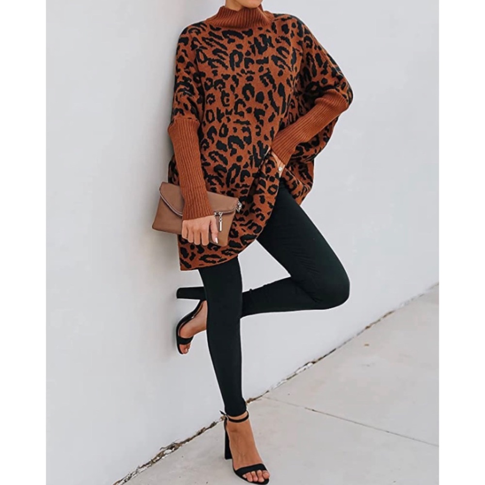 Women's Casual Turtleneck Sweaters Ribbed Long Batwing Sleeve Leopard - Picture 4 of 4